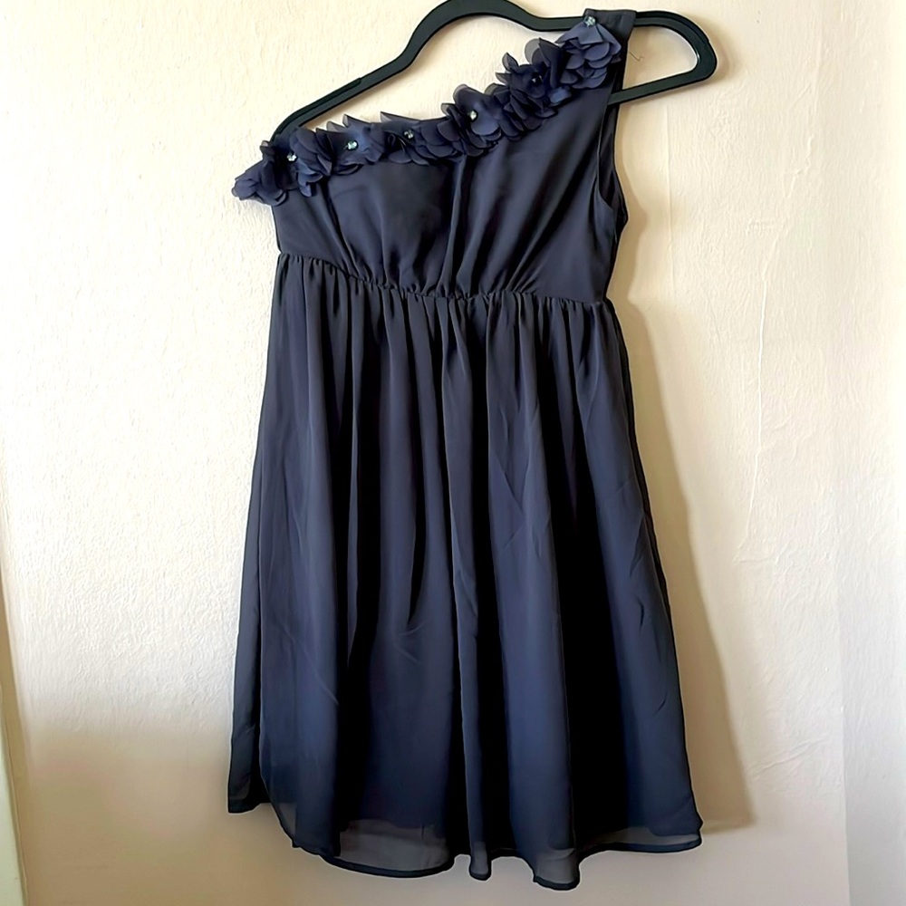 Cat Lady One Shoulder Flower Petals Gray Purple Mini Dress S